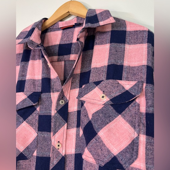 Flannel Pink and Blue Plaid Button-Up Shirt Oversized - Picture 3 of 7